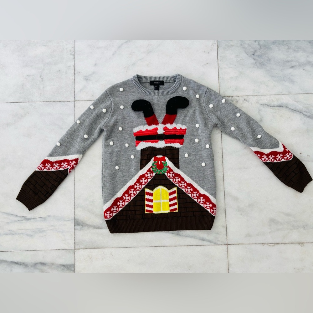 Y2K Forever 21 Ugly Christmas Sweater Chimney Santa Gray Red Holiday Women Small